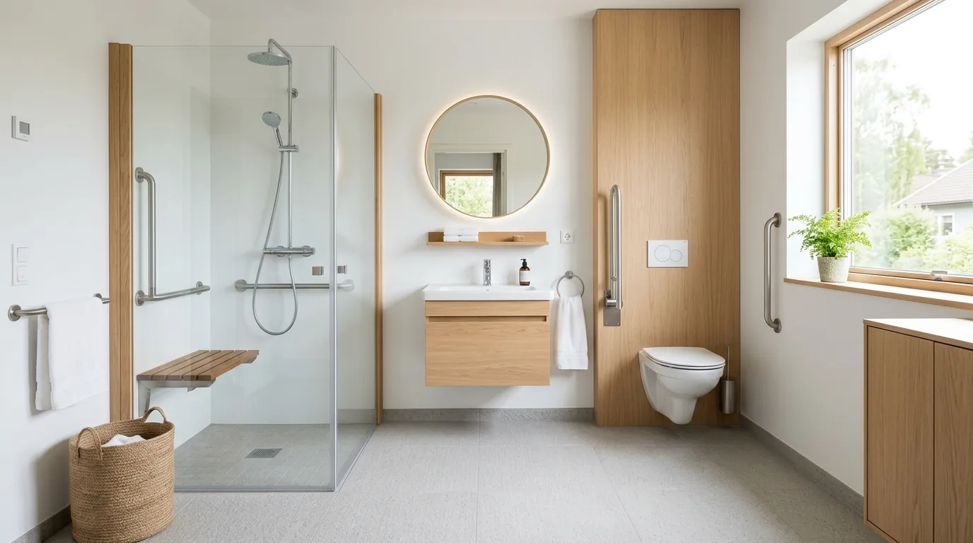 Scandinavian senior bathroom with light wood finishes