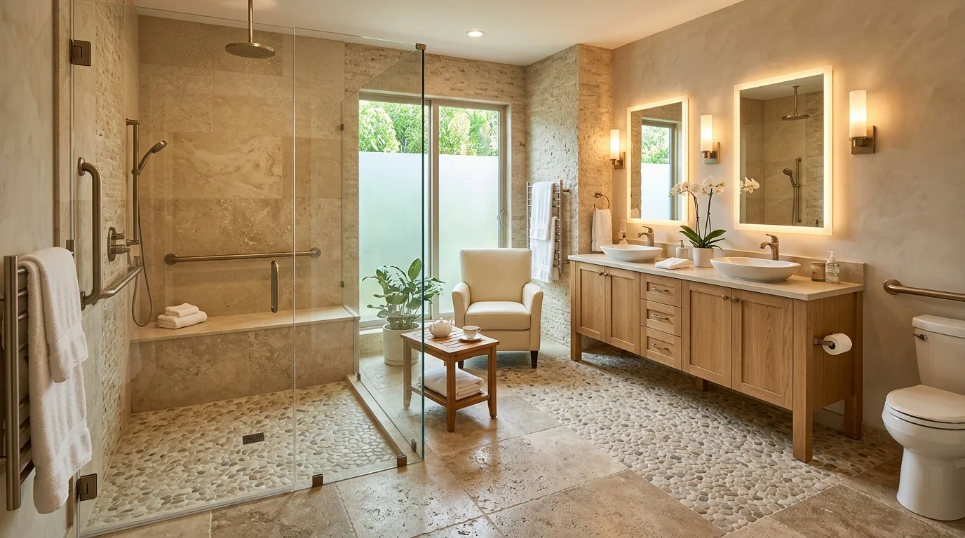Spa inspired senior bathroom with walk in shower