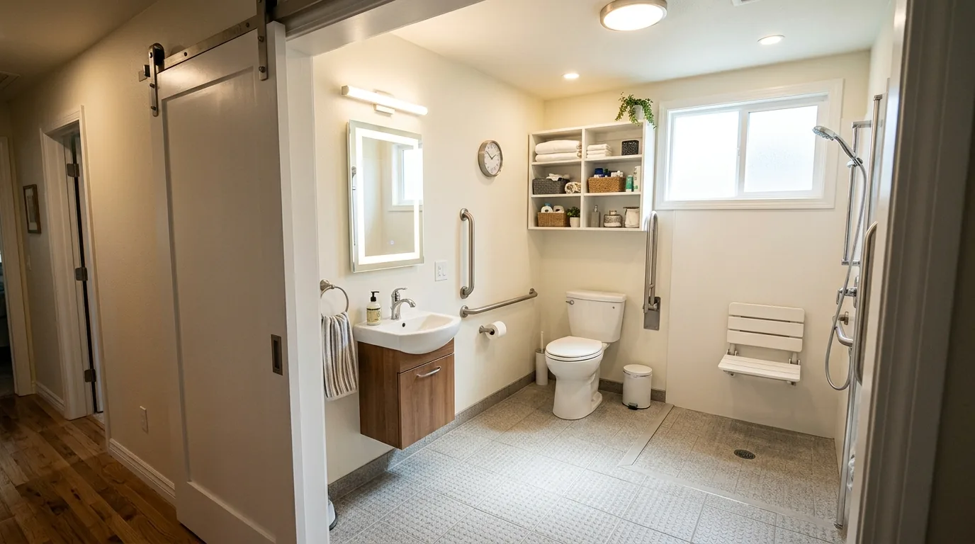 Small senior bathroom with sliding door entry