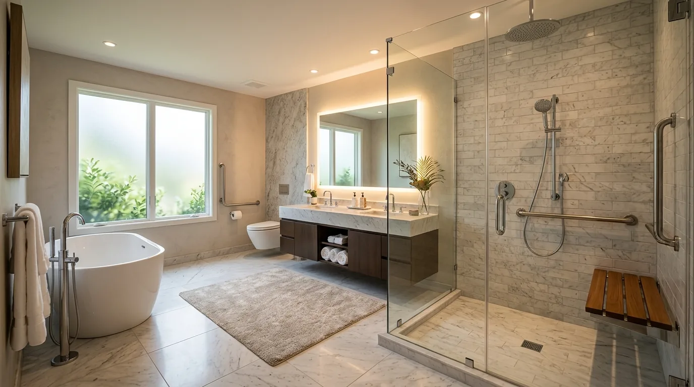 High end accessible bathroom with wide open floor plan