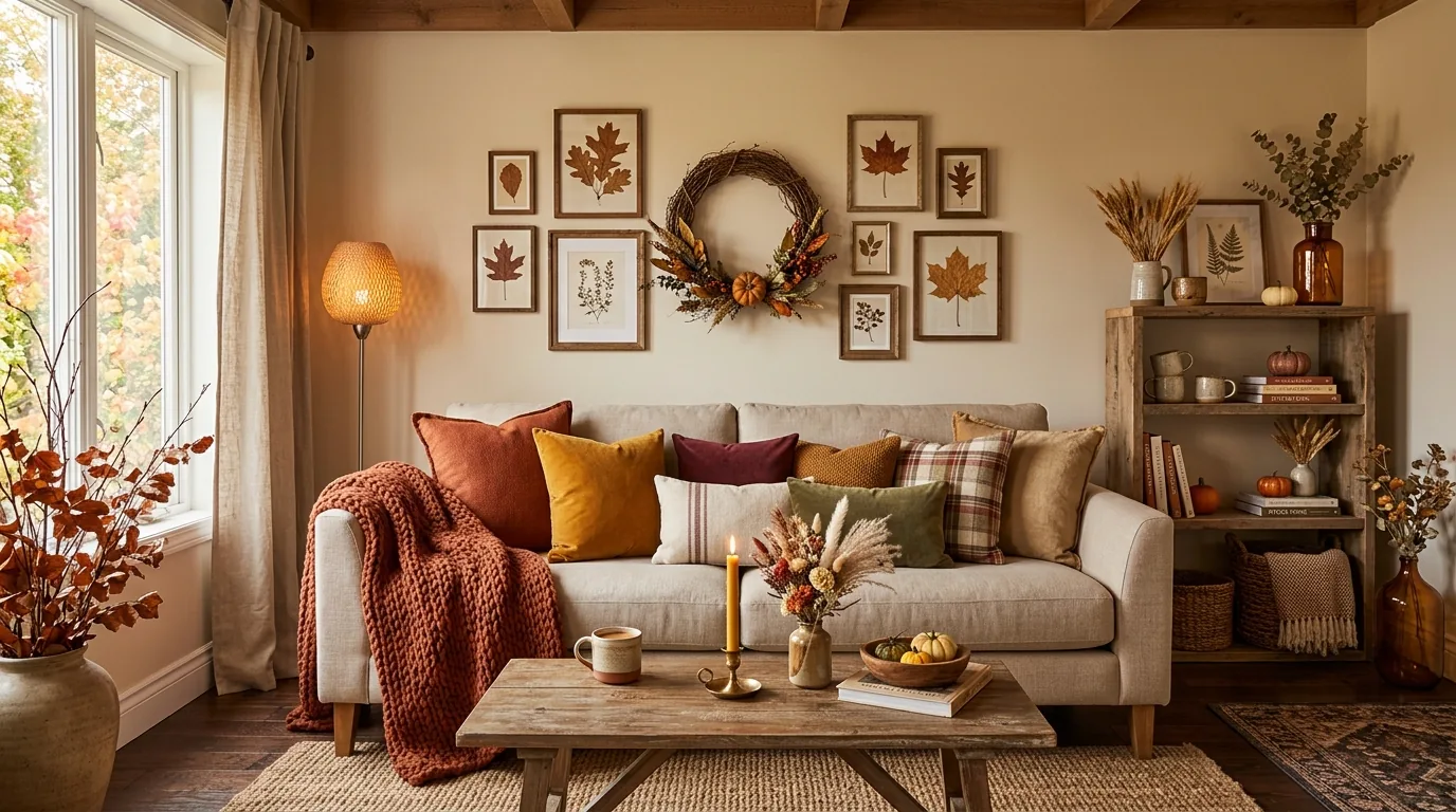 Entryway styled for fall with boots tray