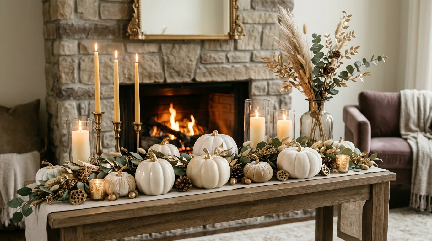 Neutral fall bedroom with caramel pillows