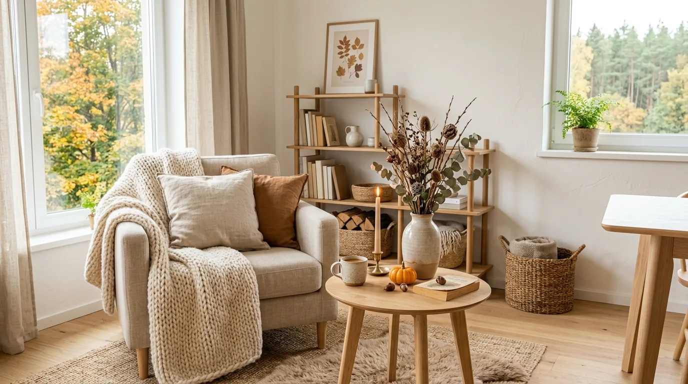 Fall kitchen shelf styling with copper accents