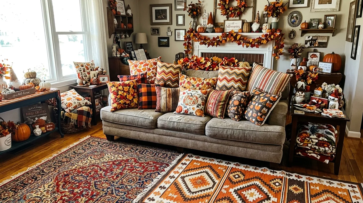 Dining table with too many centerpieces compared to one elegant harvest arrangement