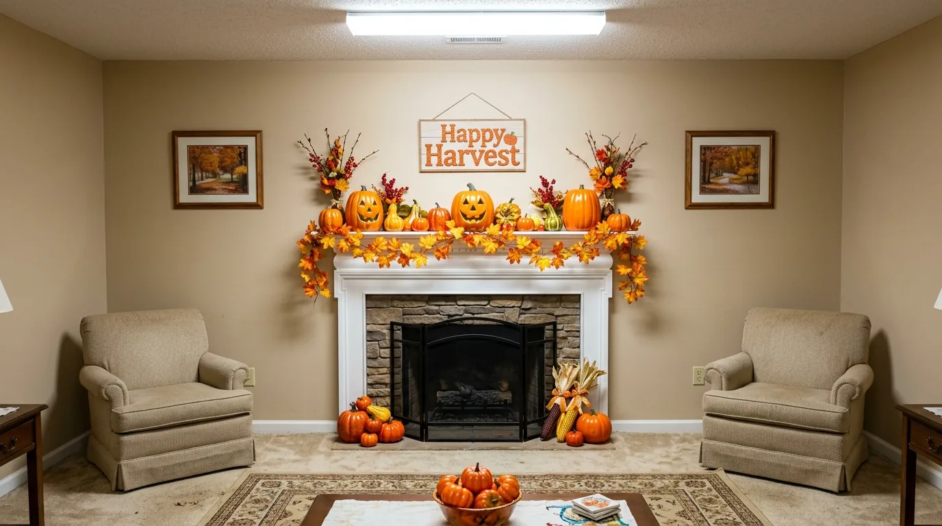 Fall mantel with clashing colors corrected by softer earthy tones and balanced spacing