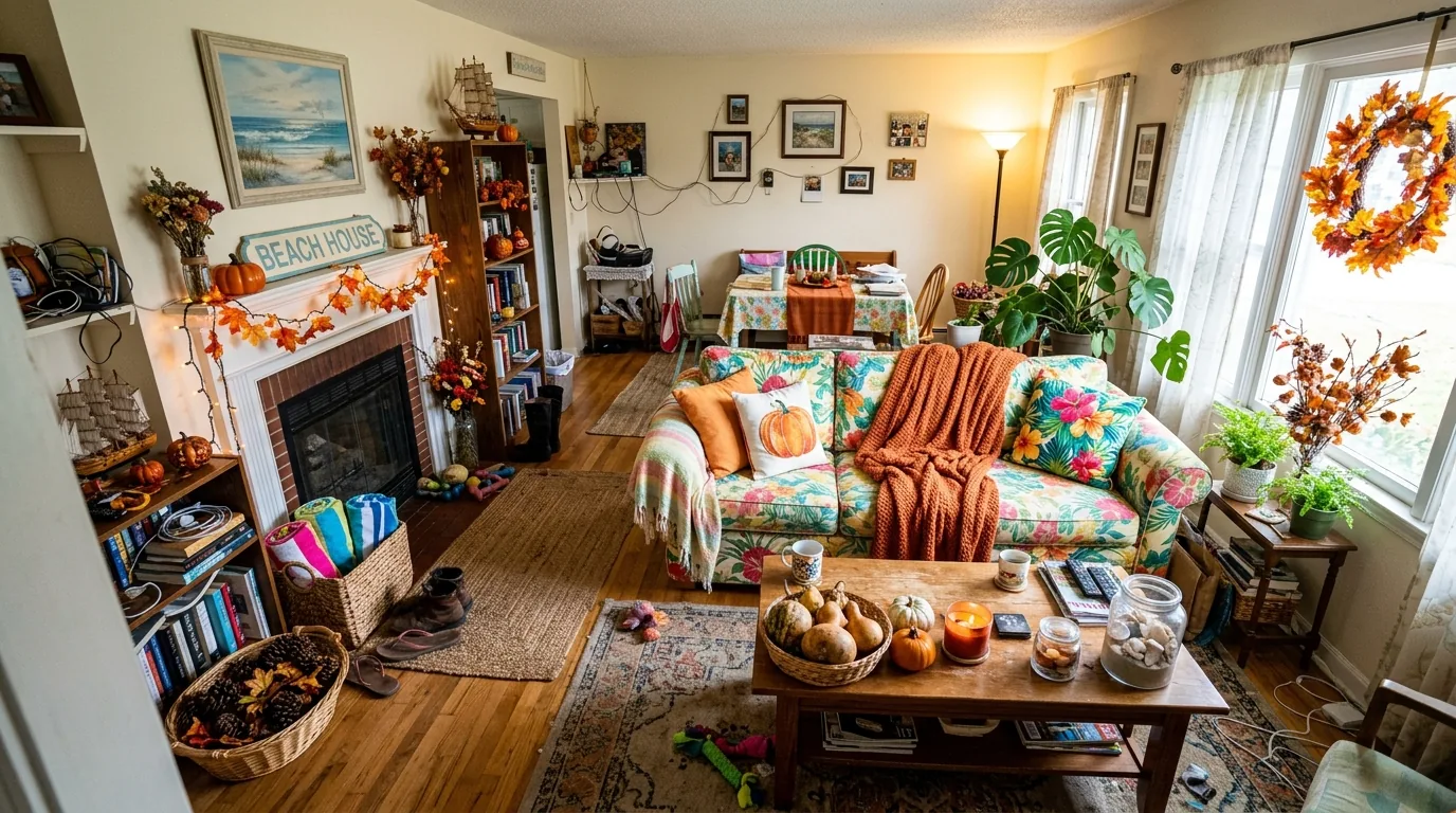 Small room made heavy by oversized plaid and dark accessories versus lighter layered textures