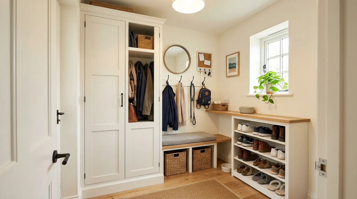 Scandinavian mudroom with pale wood