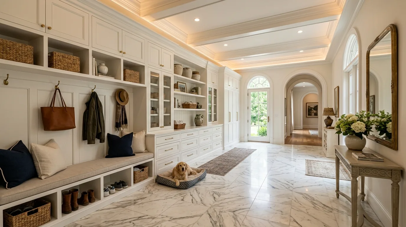 Narrow mudroom with vertical cubbies