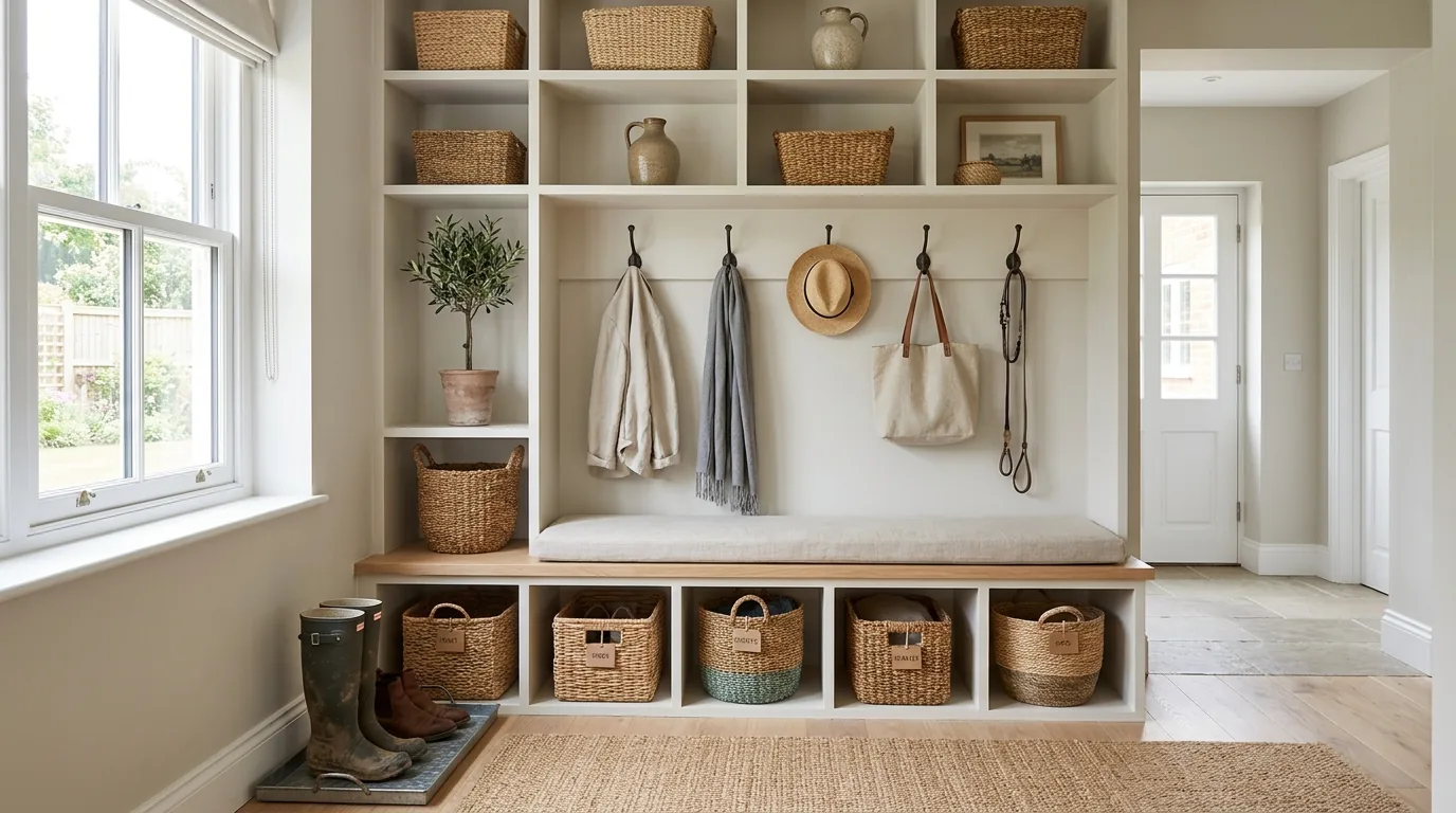 Luxury mudroom with stone floor