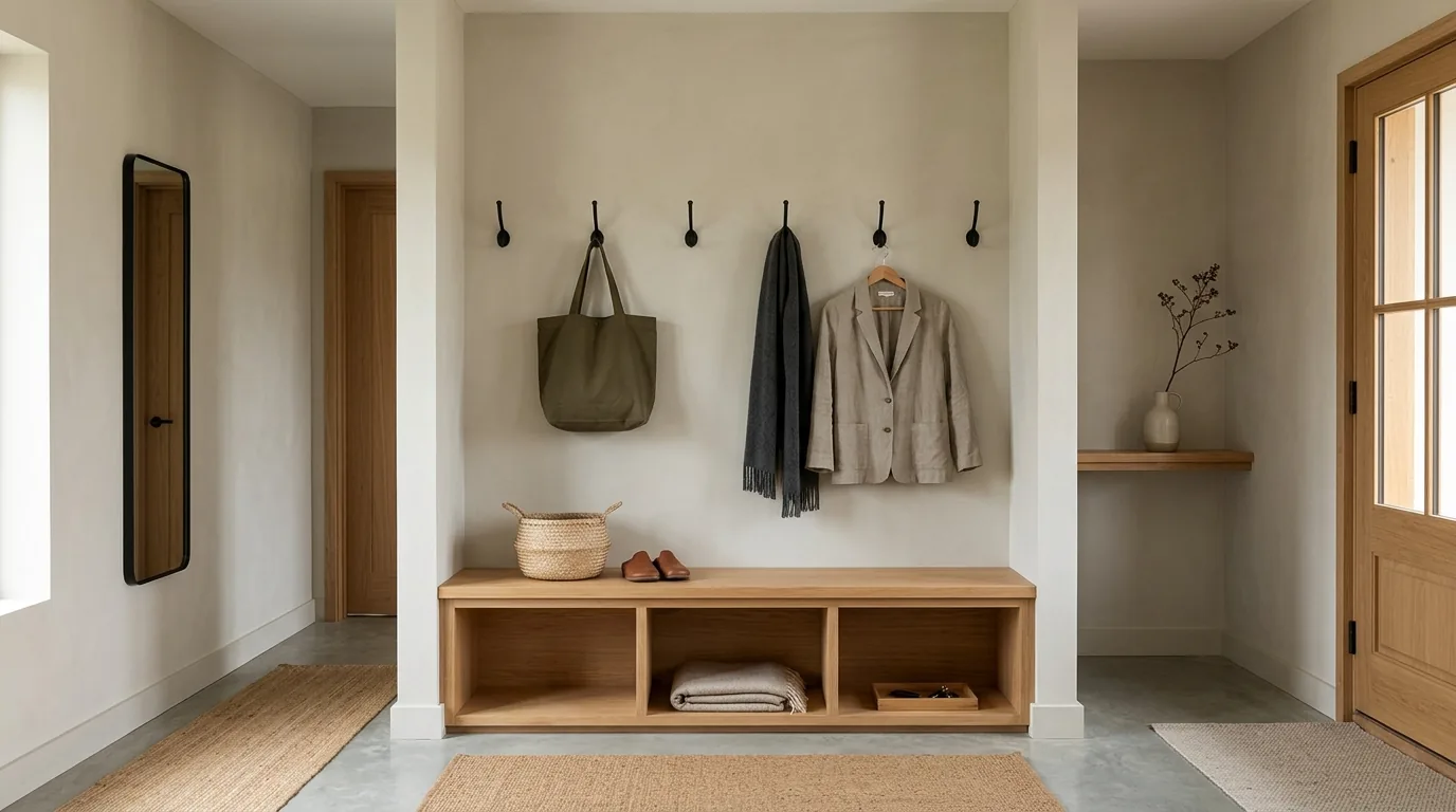 Entry mudroom with overhead bins and deep lower drawers