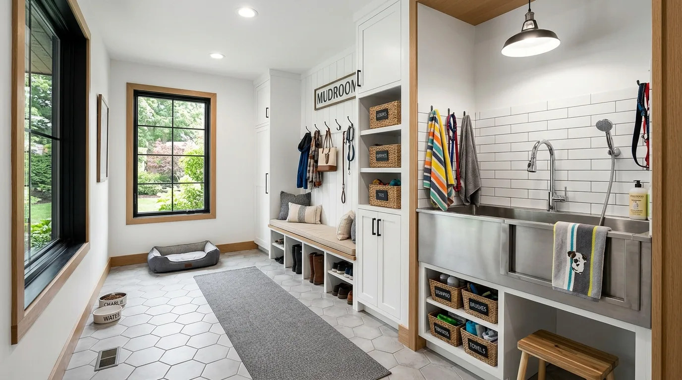 Cottage style mudroom with floral cushion