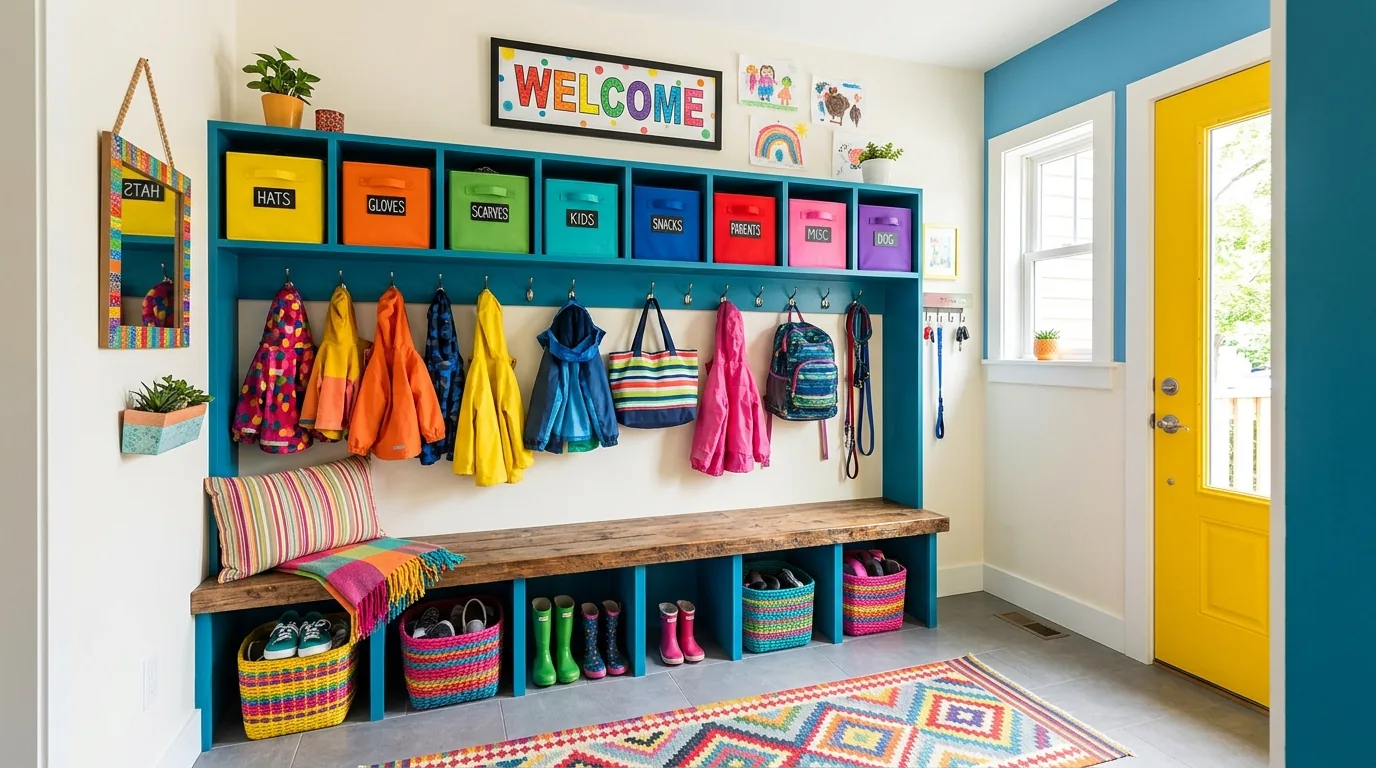 Kids mudroom zone with labeled cubbies and easy reach baskets