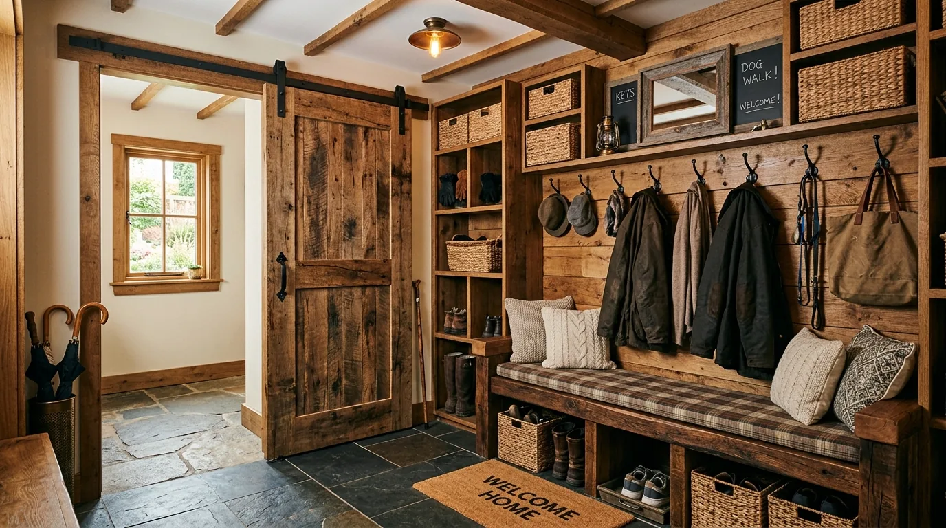 Minimal mudroom with closed cabinets and one statement runner