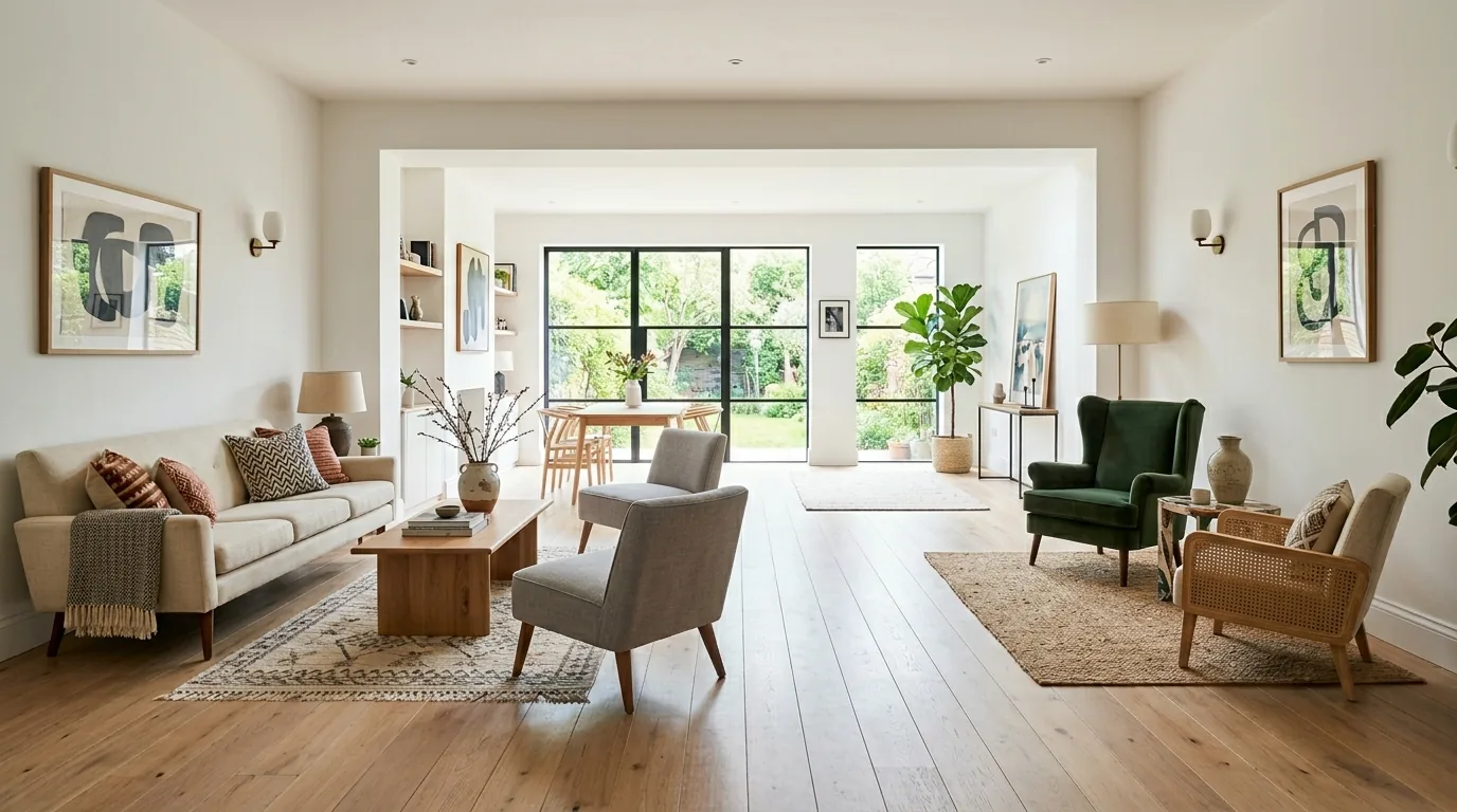 Small narrow lounge with floating sofa away from wall