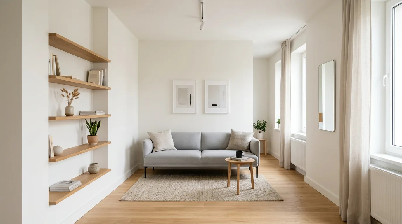 Living room using sectional at one end and open walkway at the other