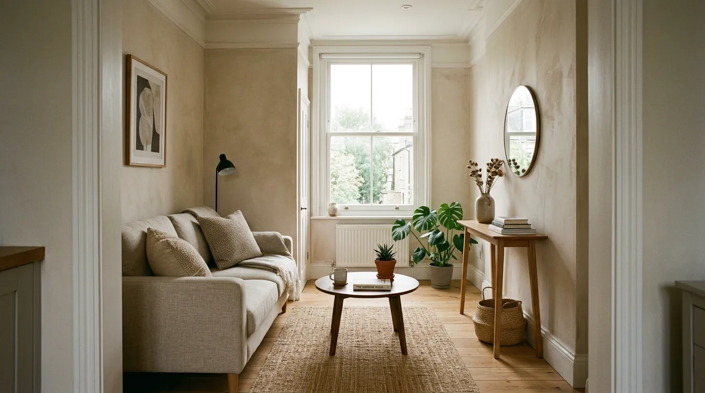 Narrow room with apartment size sofa and acrylic coffee table