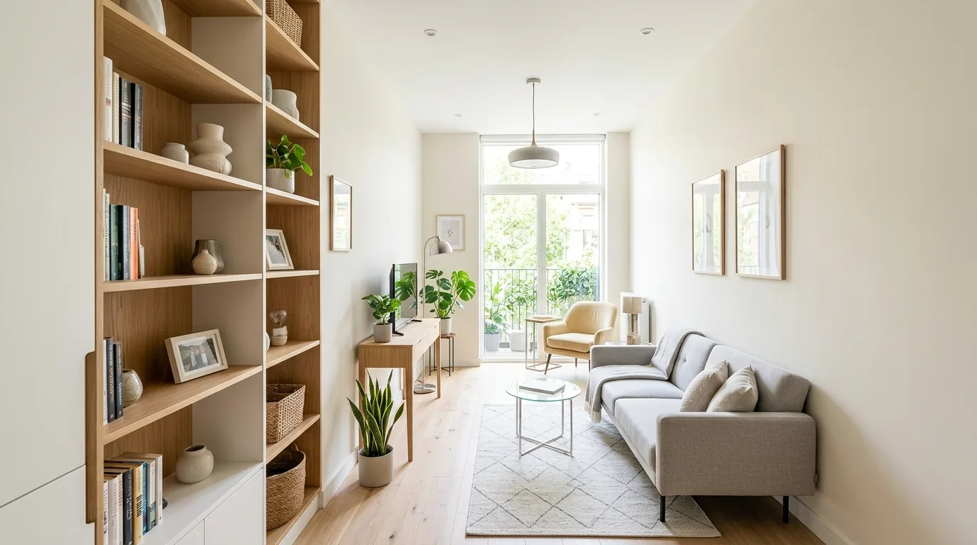 Layout with built in shelving on one wall and open seating opposite