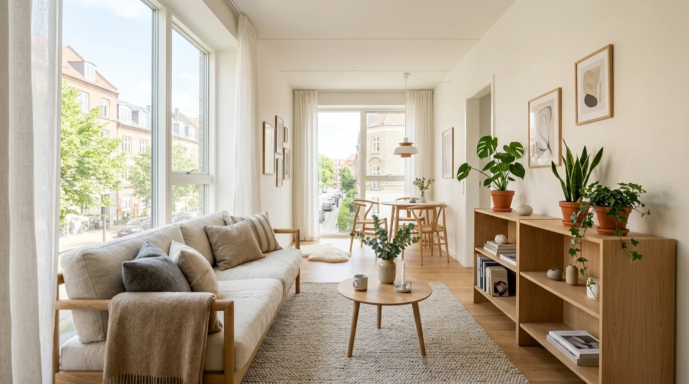 TV wall anchored with low media console and slim side chair