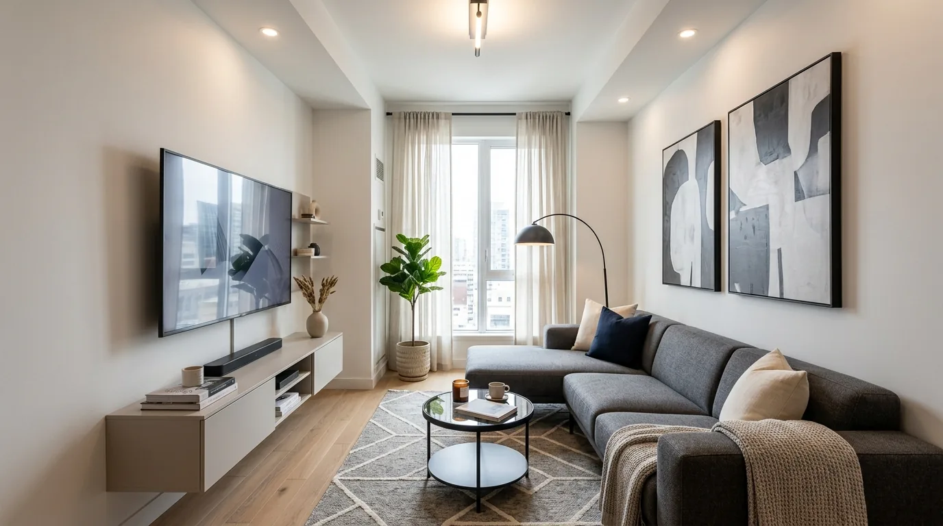 Narrow living room with round coffee table and curved lamp softening linear shape