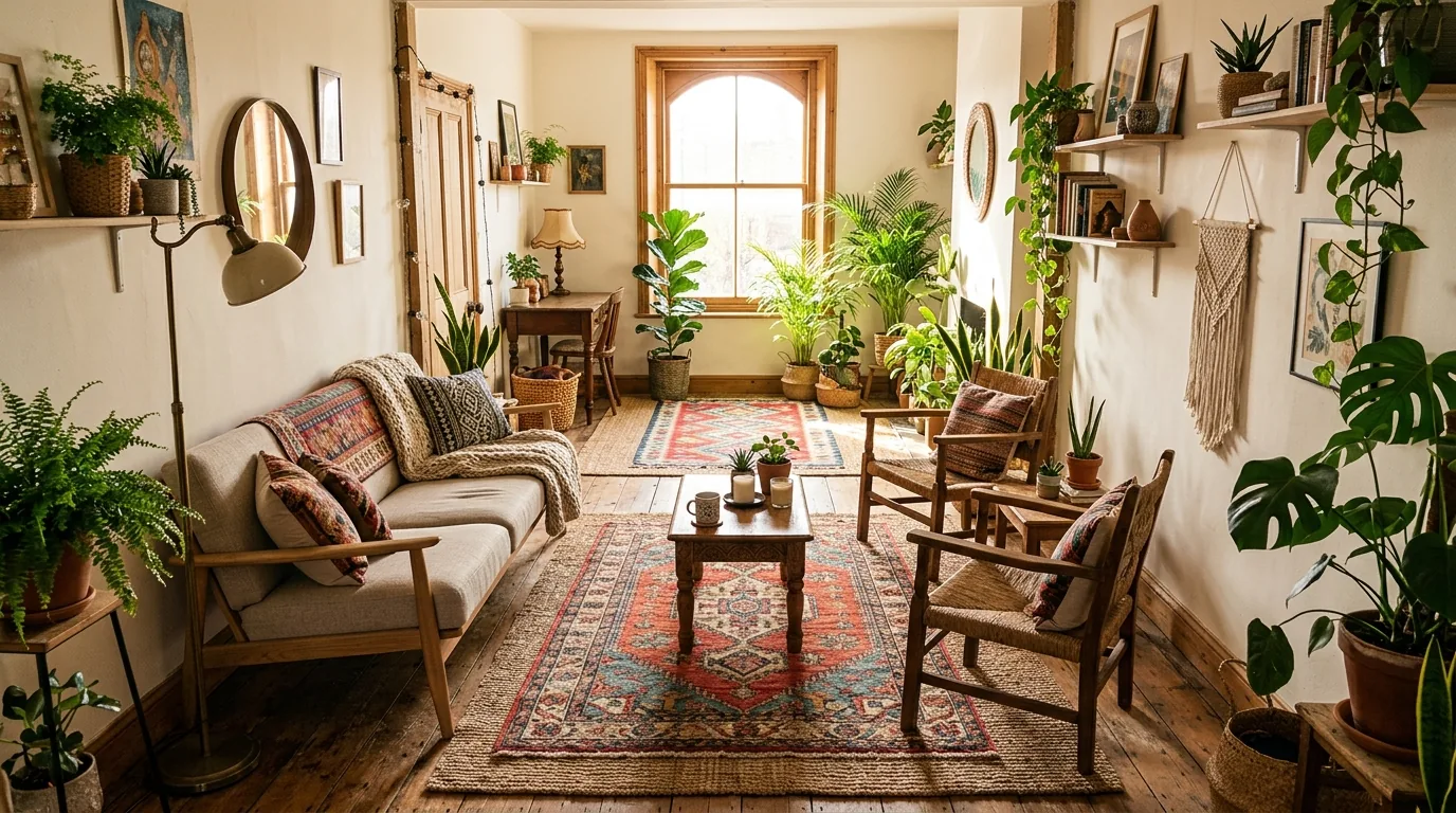 Long living room divided into conversation zone and reading nook