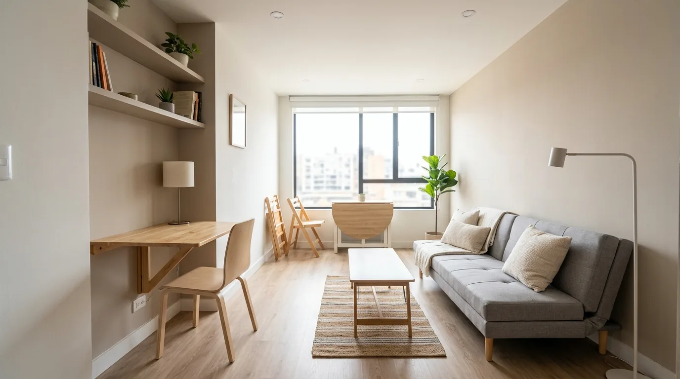 Minimal narrow room with loveseat