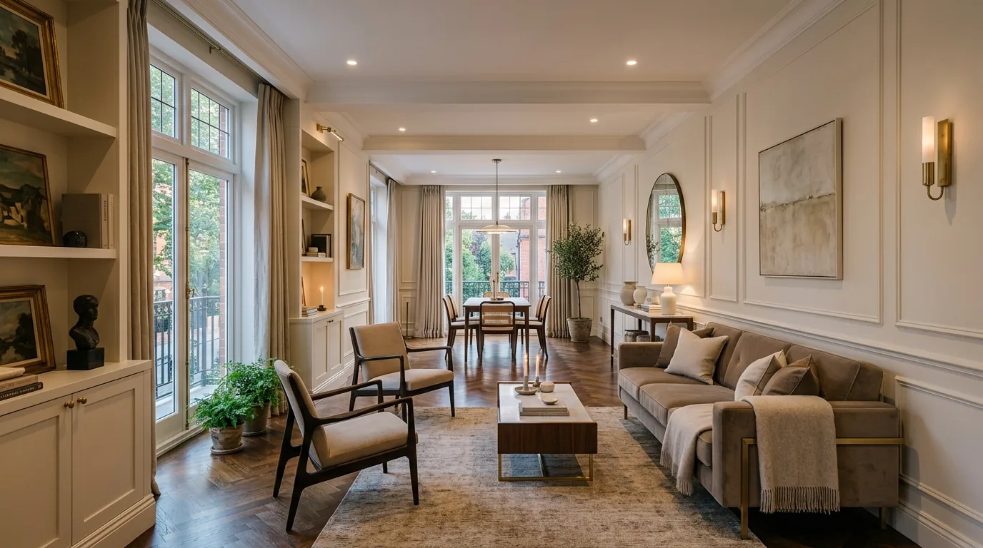 Cozy narrow living room with rug correctly scaled to seating