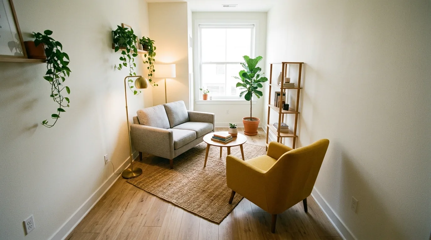 Modern narrow room with wall mounted lighting and slim nesting tables