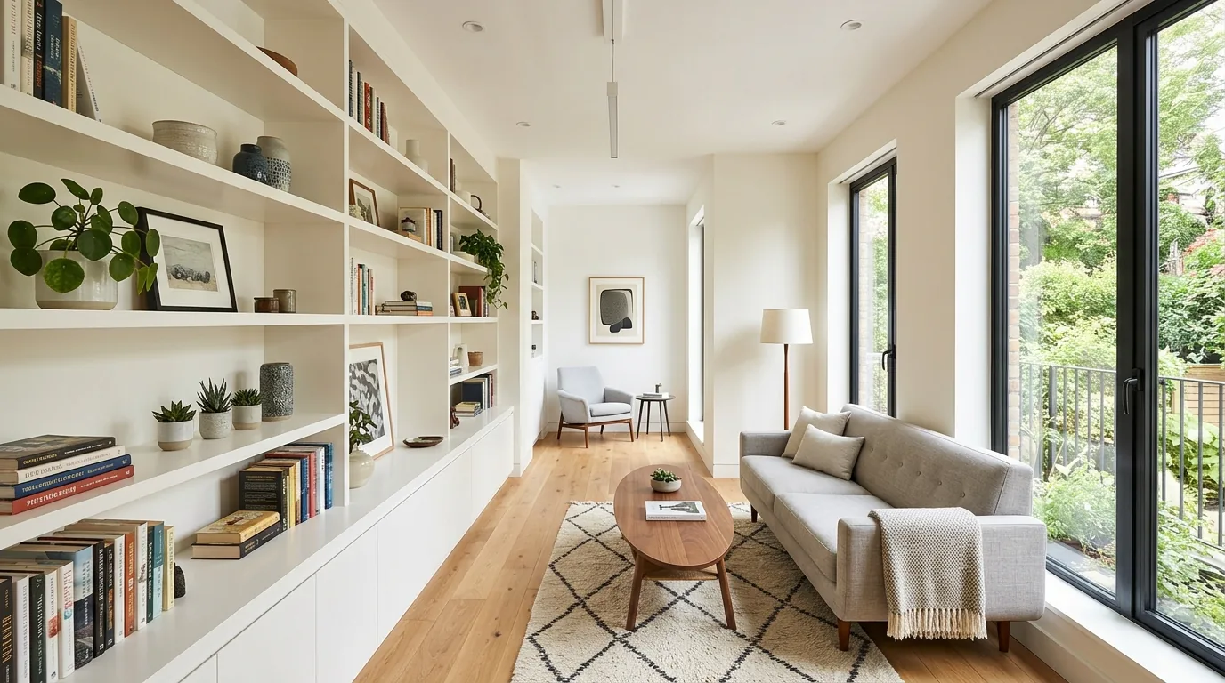 Luxury narrow living room with tailored built ins