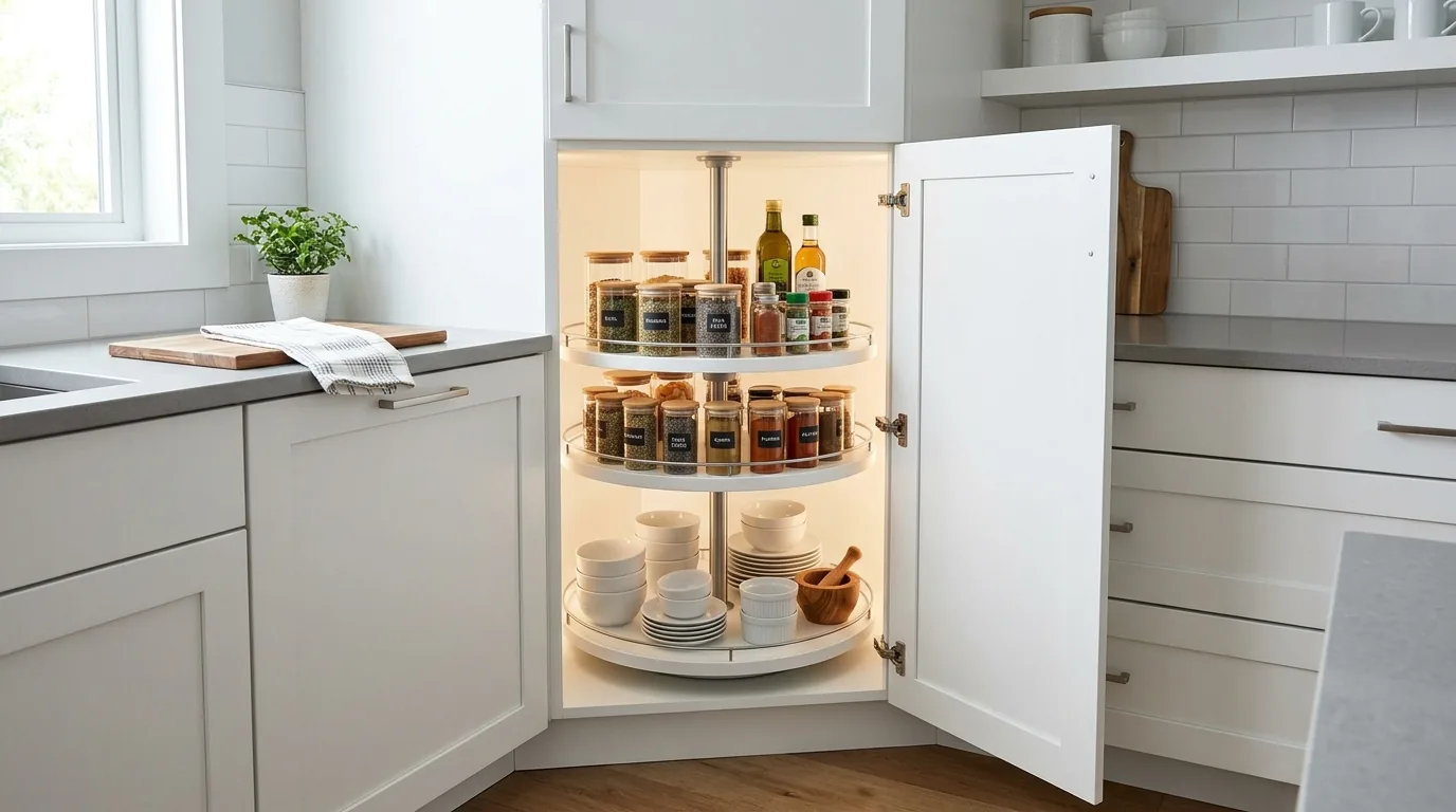 Corner cabinet with sliding chrome baskets and labeled pantry goods