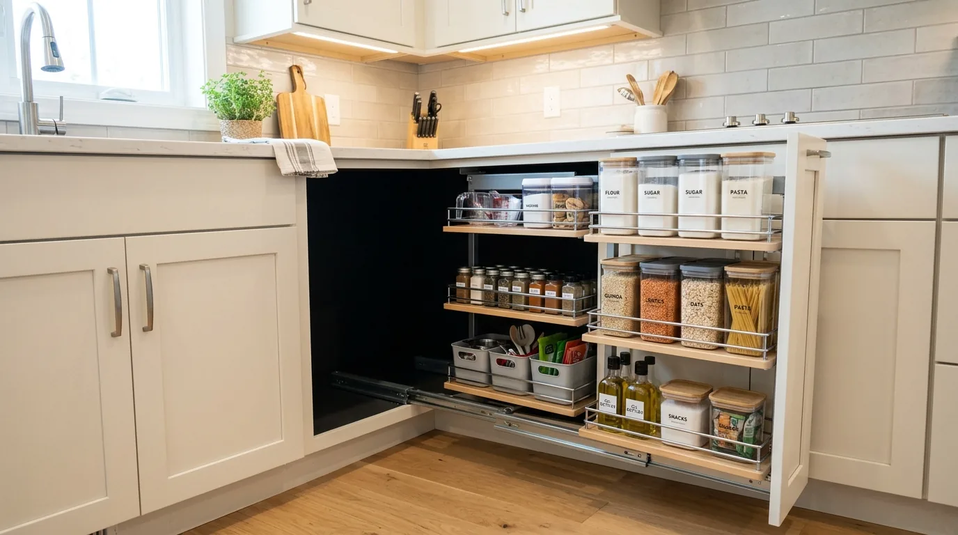Blind corner organizer with curved shelves for mixing bowls and bakeware