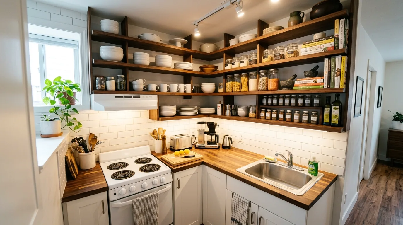 Deep corner cabinet with pullout trays for small appliances