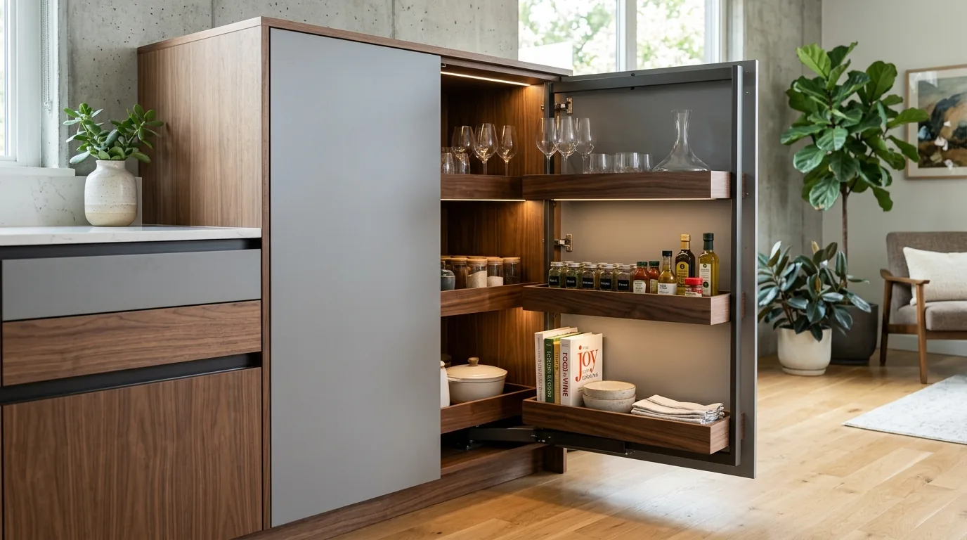 Blind corner under counter storage with bins for snacks and dry goods