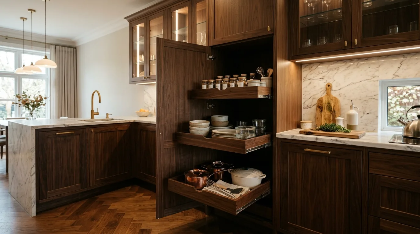 Luxury kitchen cabinet with hidden corner drawers that slide and pivot outward