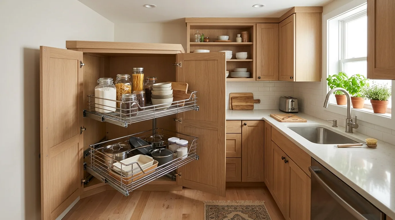 Compact kitchen blind corner organized with stackable clear bins and labels