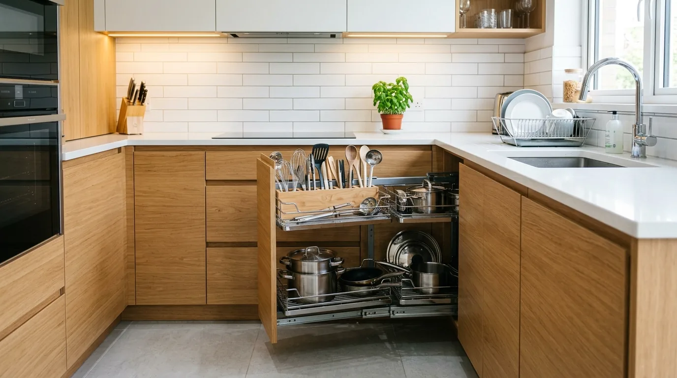 Corner cabinet fitted for cookware with vertical pan dividers and lid storage