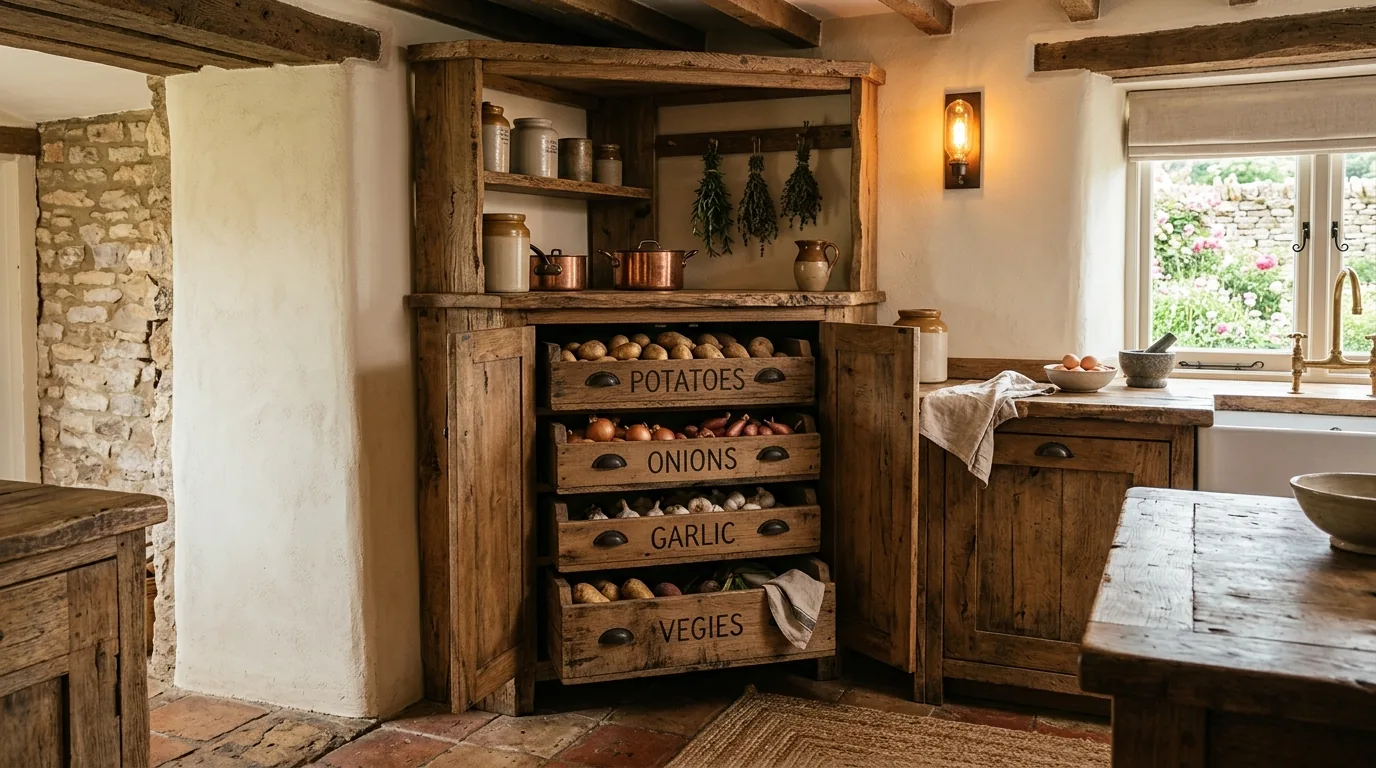 Blind corner pantry zone with pull out wooden shelves and grouped staples