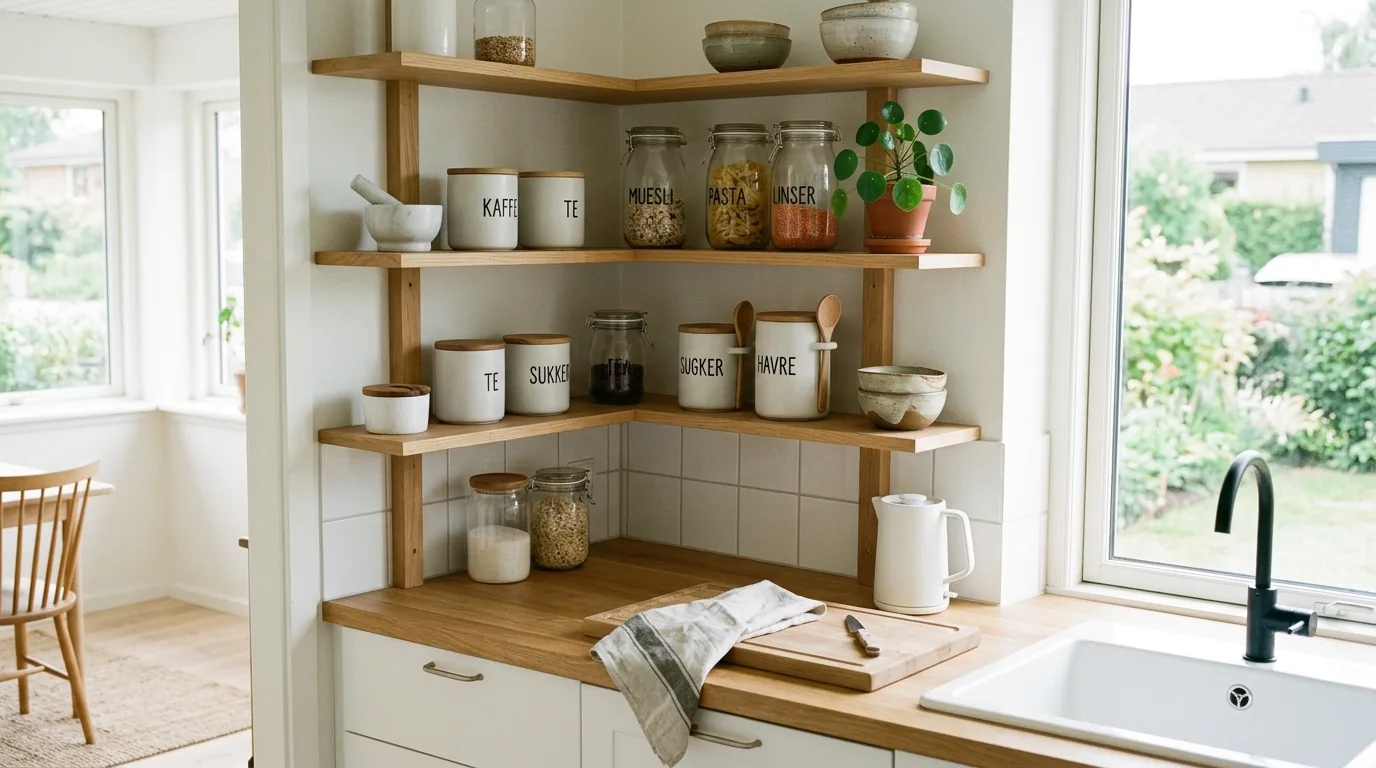 Under counter corner with tiered racks for cleaning supplies and extra towels