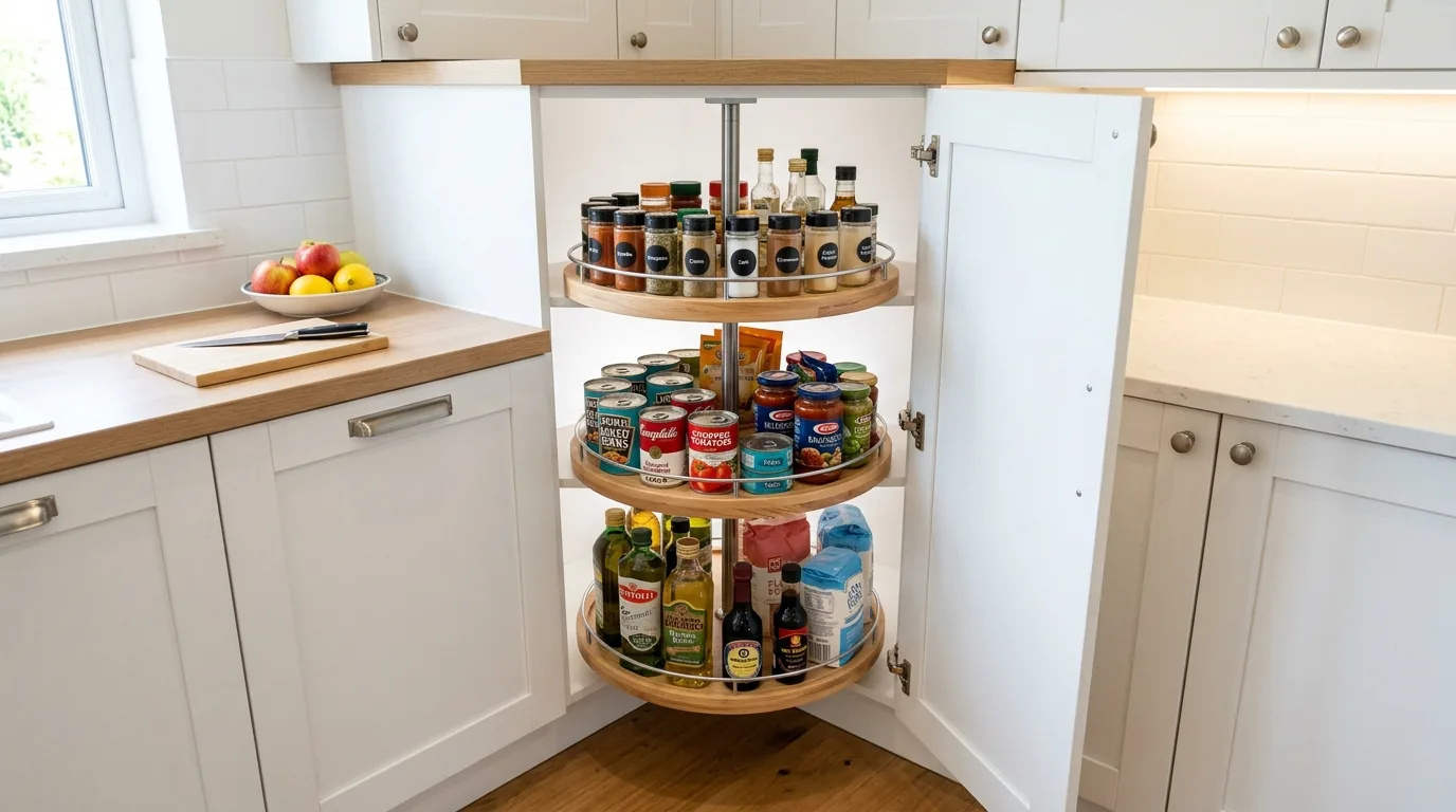 Modern kitchen with matte cabinetry and concealed blind corner system
