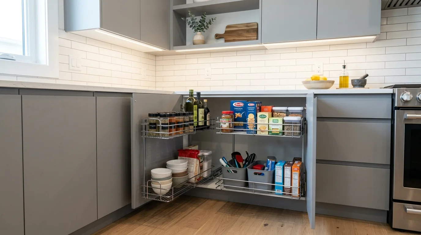 Corner cabinet using baskets and bins for baking tools