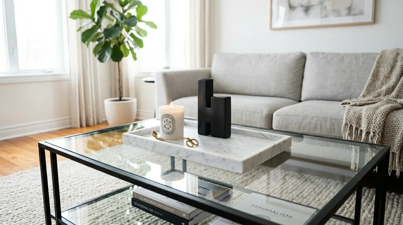 Rectangular marble tray on coffee table with flowers