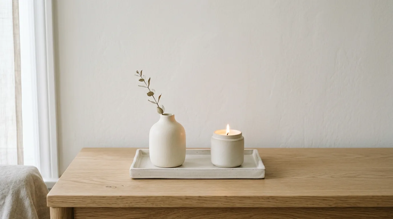 Minimal black tray with one sculptural object and a small stack of art books