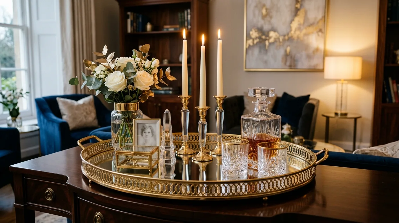 Large upholstered ottoman styled with oversized tray