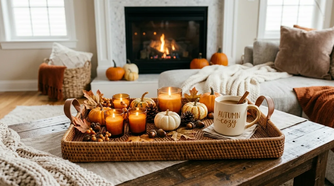 Small apartment coffee table with compact tray holding matches