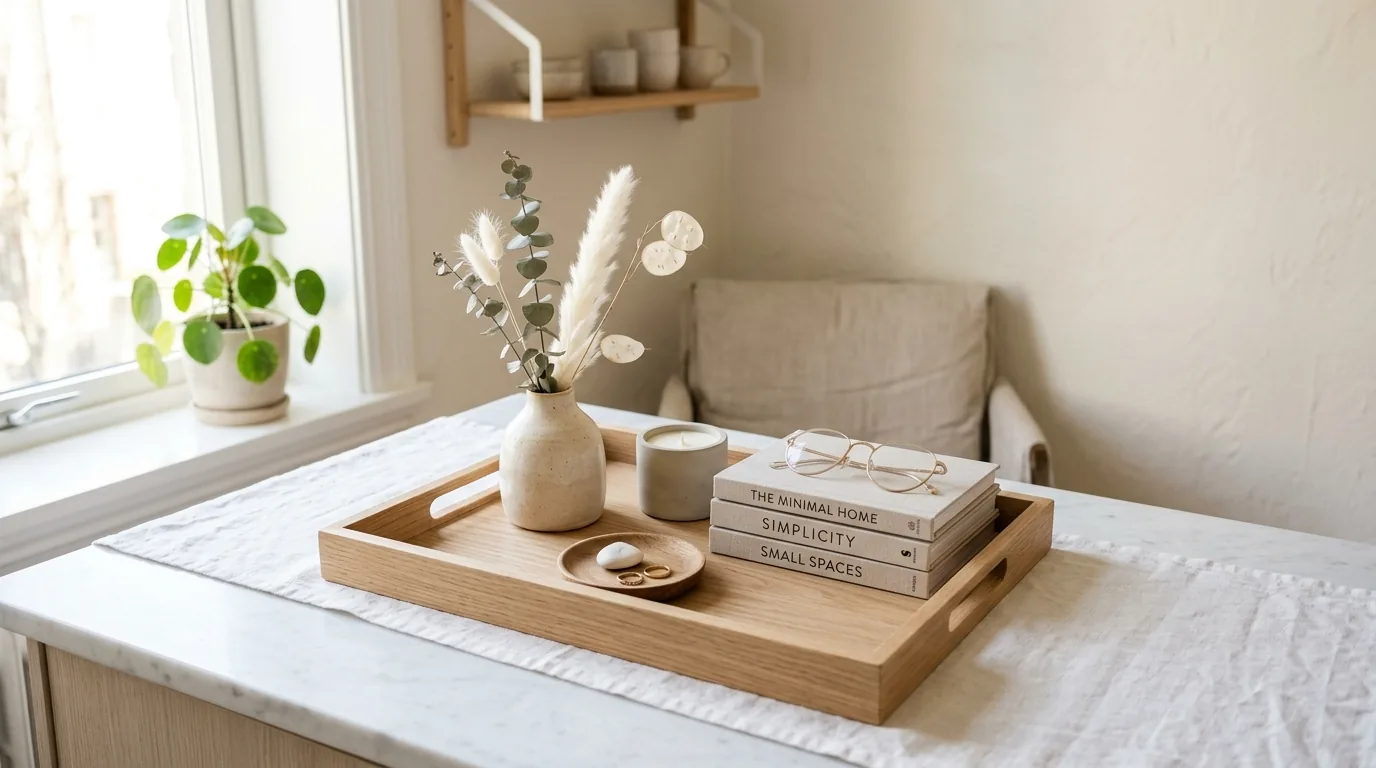 Rustic tray on leather ottoman with lantern