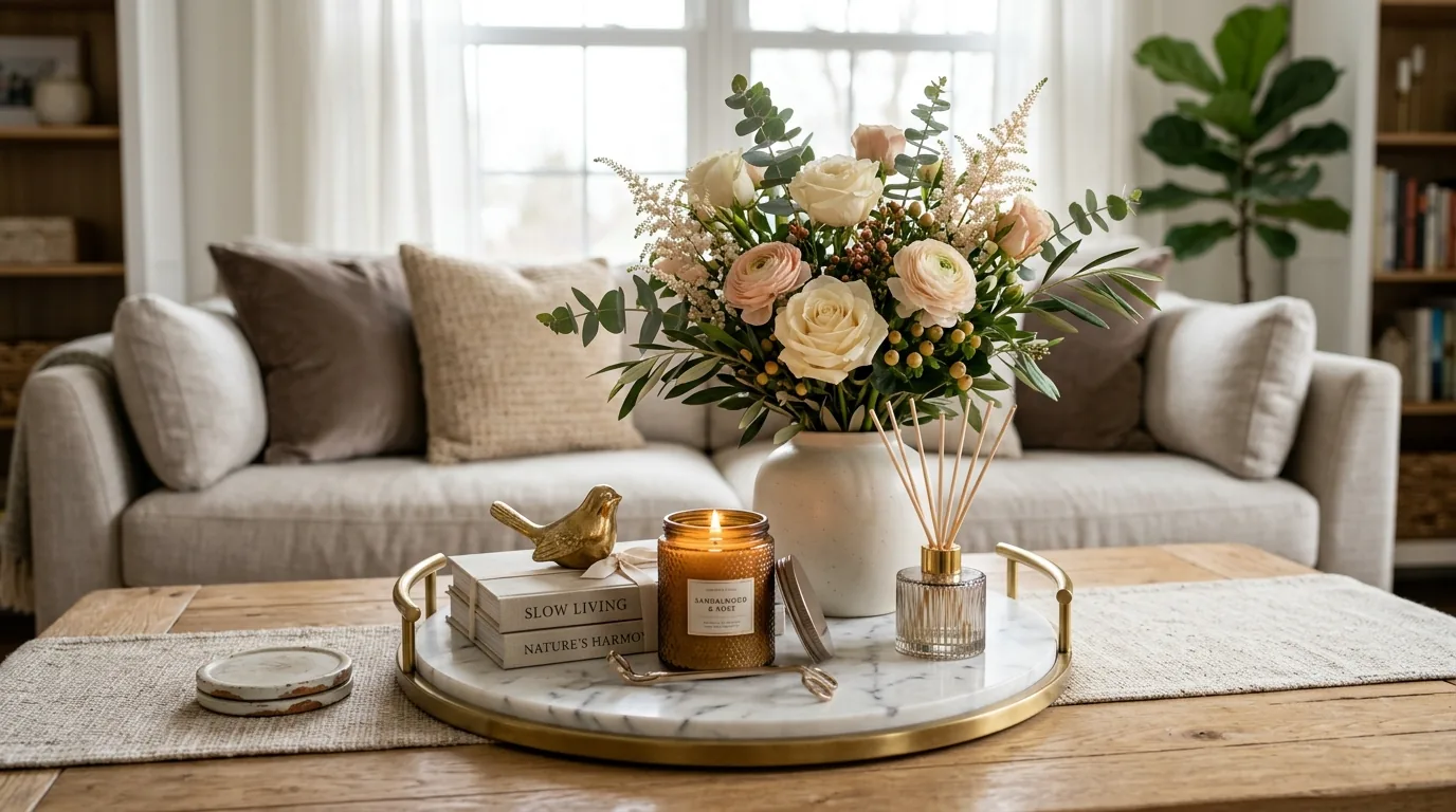 Scandinavian tray styling with pale wood