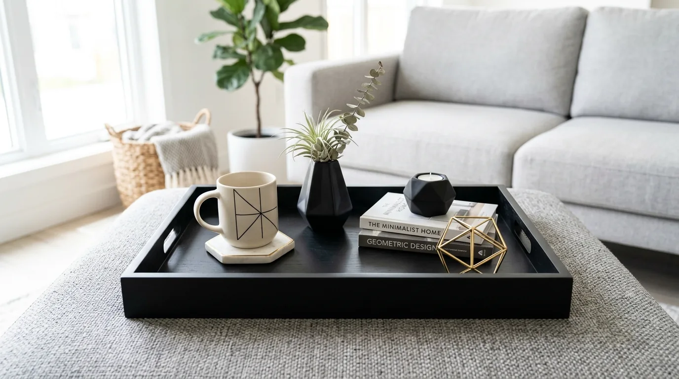 Eclectic tray arrangement with colorful candle