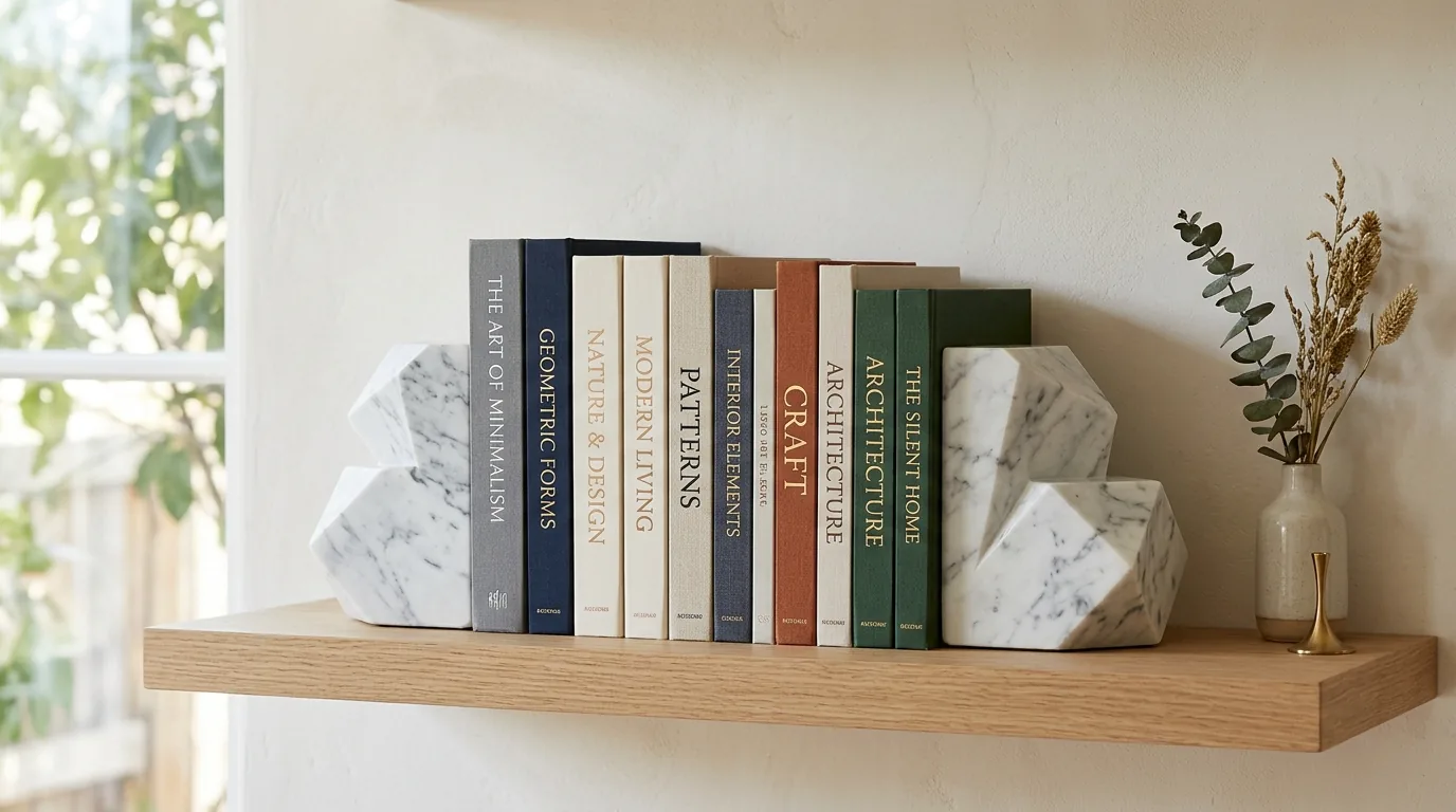 Modern shelf with matte black geometric bookends and neutral decor