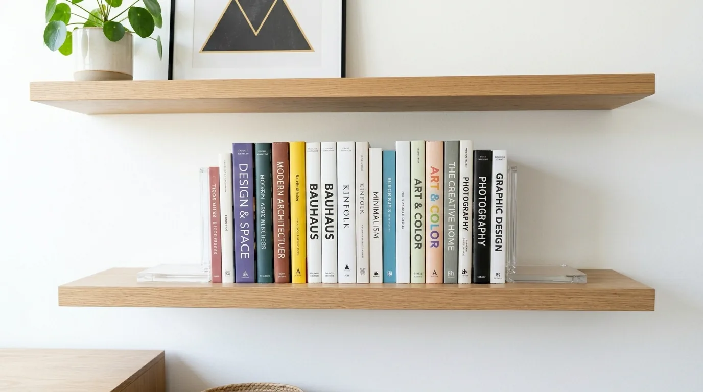 Minimal oak shelf with marble half moon bookends