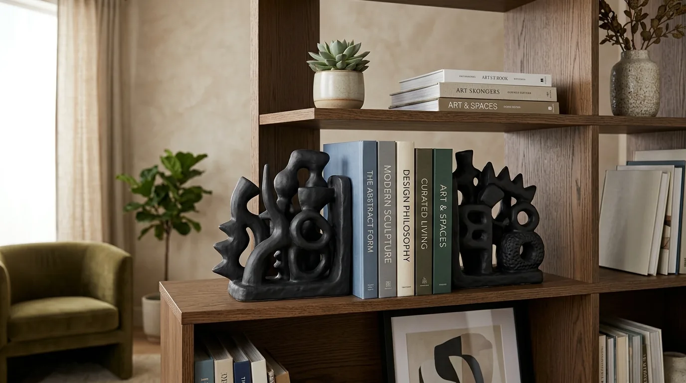 Eclectic shelf with colorful abstract bookends