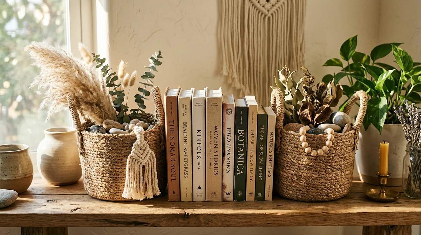 Home office shelf with metal arc bookends and reference books